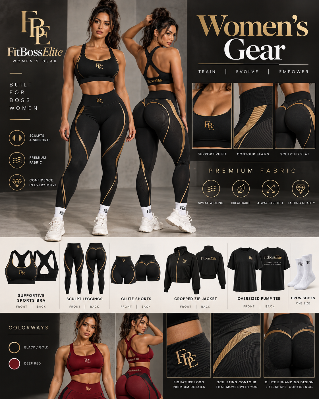 FitBossElite women's gear concept lookbook showing leggings, shorts, sports bra, cropped jacket, pump tee and socks